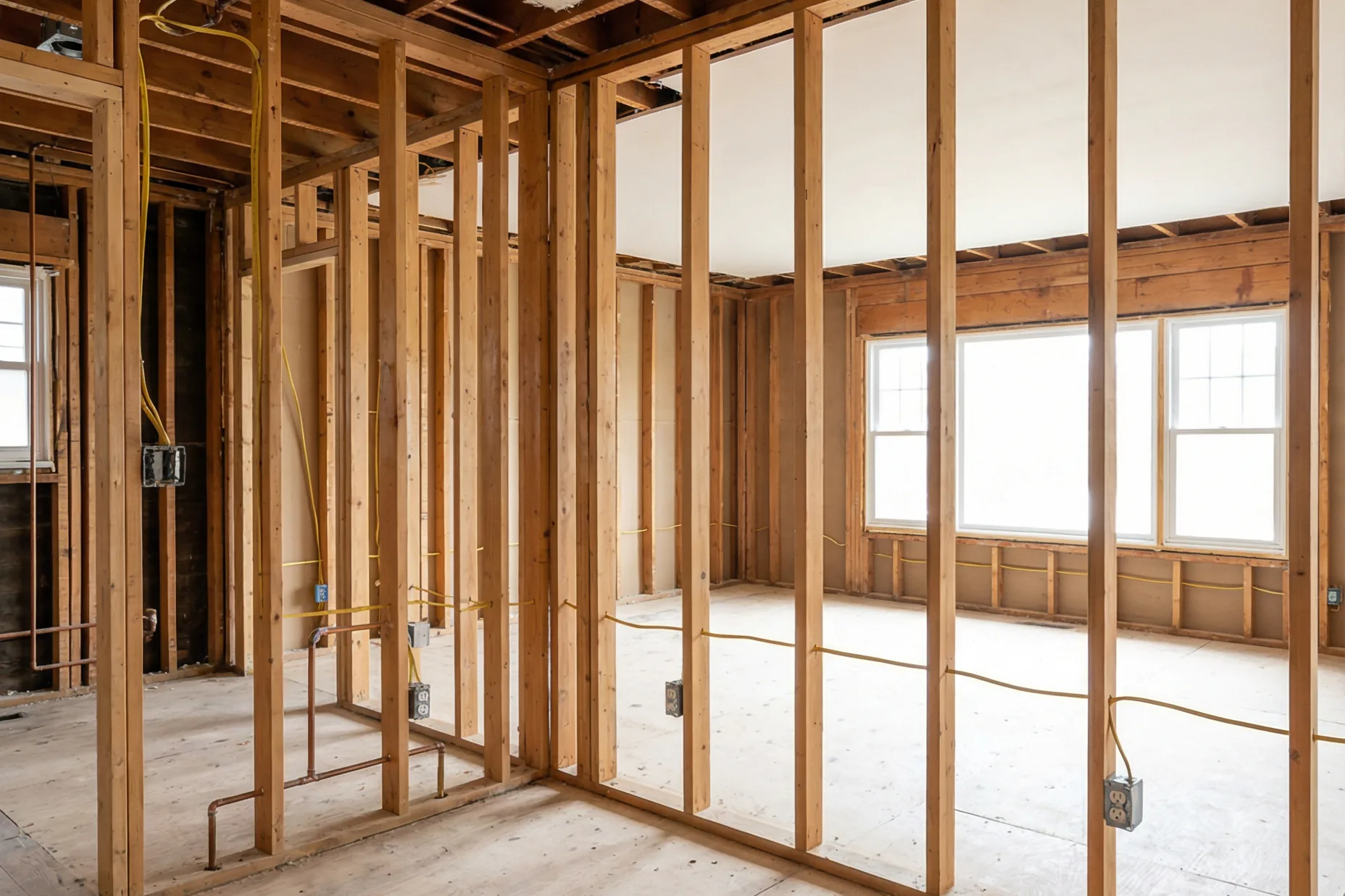 Room stripped to stud framing with plumbing and electrical rough-in