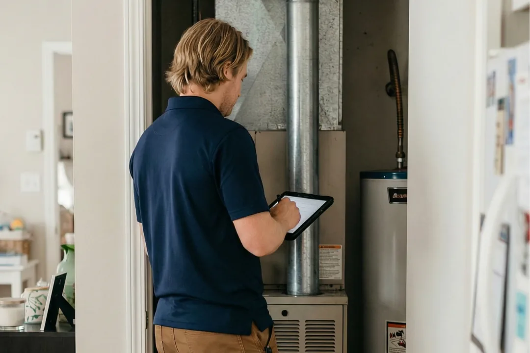 Technician with a tablet inspecting a furnace and hot water tank