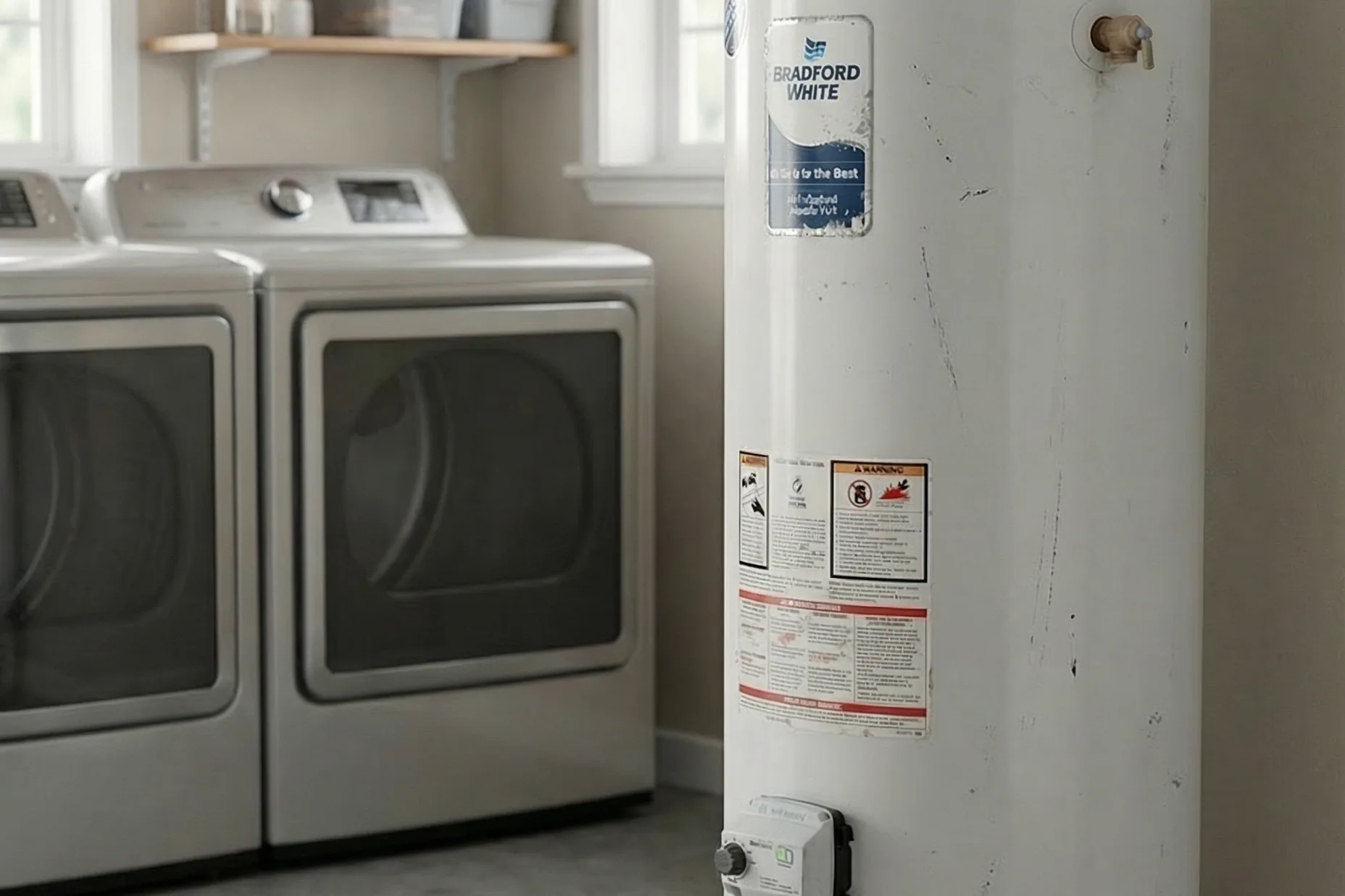 Gas hot water tank in a laundry room