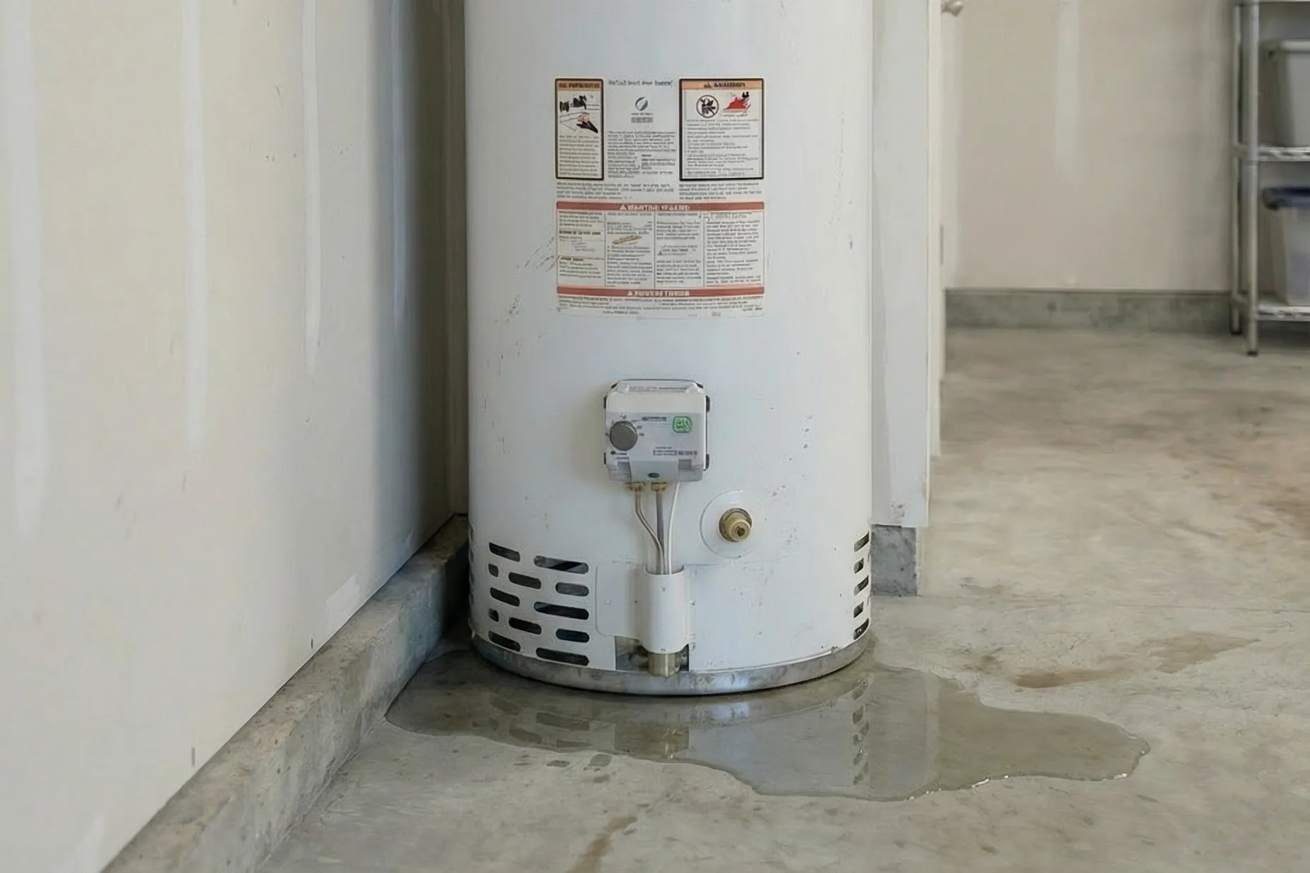 Hot water tank leaking water onto a garage floor